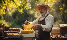 a man in an apron holding a cheese wedge next to a bunch of mushrooms