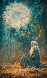 the girl in the dress is seated among leaves and trees