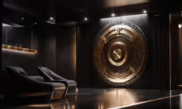 a large gold clock sitting next to two leather chairs