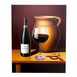 a painting of a bottle of wine next to a wine glass