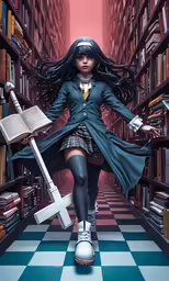 a girl with black hair and dress, with a sword, standing in a library