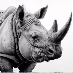 a rhinoceros with a saddle is standing in the sand