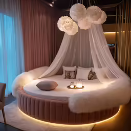 a white circular bed sitting next to a window