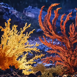 two plants with orange corals growing out of them
