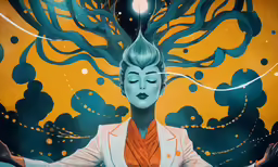 a woman in white jacket holding her hands out with two glowing stars in the sky behind her