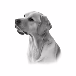 black and white photograph of dog in front of white background