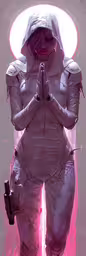 an image of a person in space attire,an illustration with white skin and an unusual appearance, and a pink background