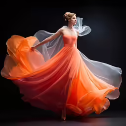 a woman is standing wearing an orange and white dress