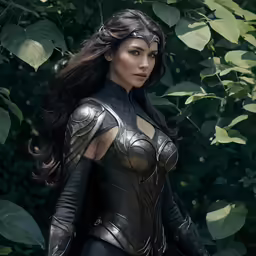 a female model dressed in armor standing next to leaves