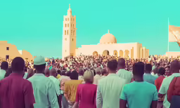 crowd of people standing in front of a large building