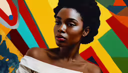 a woman looking at something while wearing a dress,a woman posing in front of a colorful wall