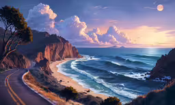 a beach scene of the road next to a cliff