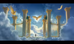 a surreal photo of clouds, gates and a person