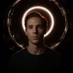 man with black shirt staring at camera in dimly lit room