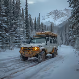 a vehicle driving down a snow covered mountain trail,there is a white mercedes on the snow