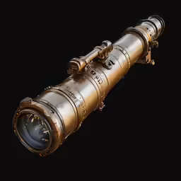 an old brass telescope with a black background