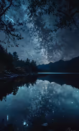 the stars move through the night sky above a lake