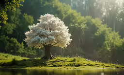 a white flowering tree next to a pond