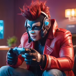 a woman in red jacket and headphones holding nintendo wii game controller
