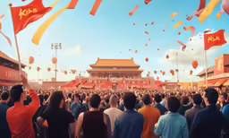 a group of people watching a lot of red balloons