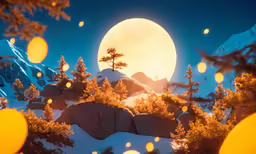 the moon is rising over the mountains and trees