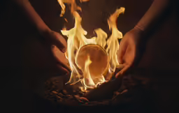 a person holding out a ball on top of some fire