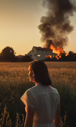 a woman standing in a field of wheat watching the fire