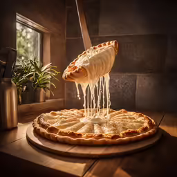 someone is lifting up pizza from a tray on a table