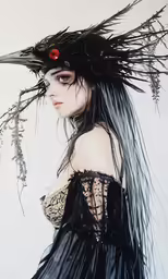 a woman in a black dress is posing with feathers and twigs