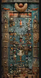 a decorative wall with many shelves and decorations