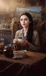 a woman is sitting at a table eating and drinking