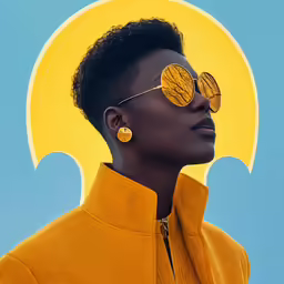 the woman in her yellow coat is wearing gold sunglasses