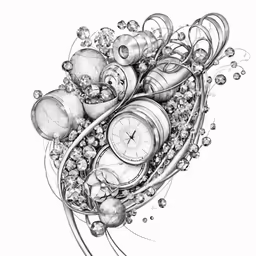 an ink drawing of a clock surrounded by bubbles and a tree branch