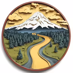 a round wooden plaque with an image of a mountain