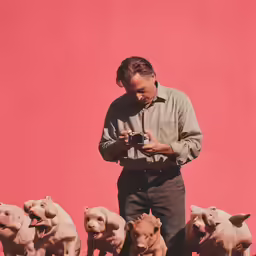 an older man looks down at a photo while surrounded by sheep