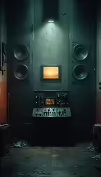 a music studio with the lights on and speakers