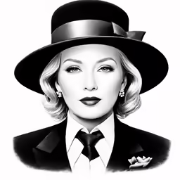 a woman in a suit and hat with lipstick on her face
