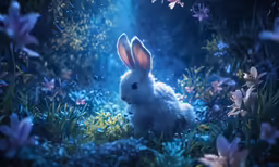an animated rabbit is in a deep forest filled with flowers