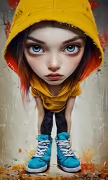 an image of a woman with blue eyes wearing yellow rain gear