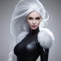 a woman with white hair wearing catsuits and fur