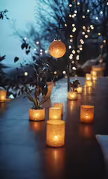 a table topped with lots of lit candles