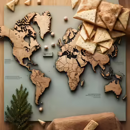 a cork puzzle of the world on a map with a few different crackers