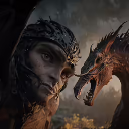 two demonic looking, weird looking men are facing each other