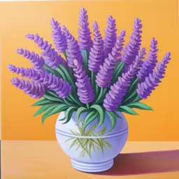 a painting of purple flowers in a white vase