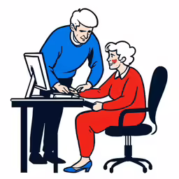an elderly lady sitting at a computer at work