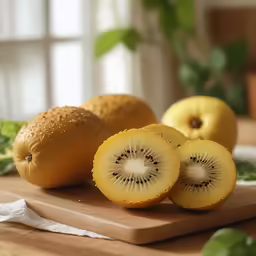 some kiwi fruits and leaves on a table