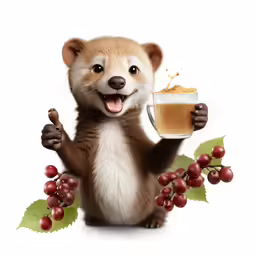 a weasel holding a glass of liquid, grapes and some berries