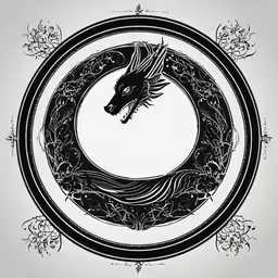a black and white photo with a dragon in a circular frame,a black and white illustration of a dragon