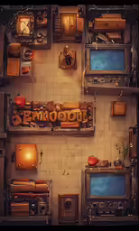 a room with a variety of small television and shelves