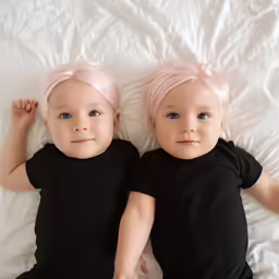 two young babies with pink hair laying on a white sheet